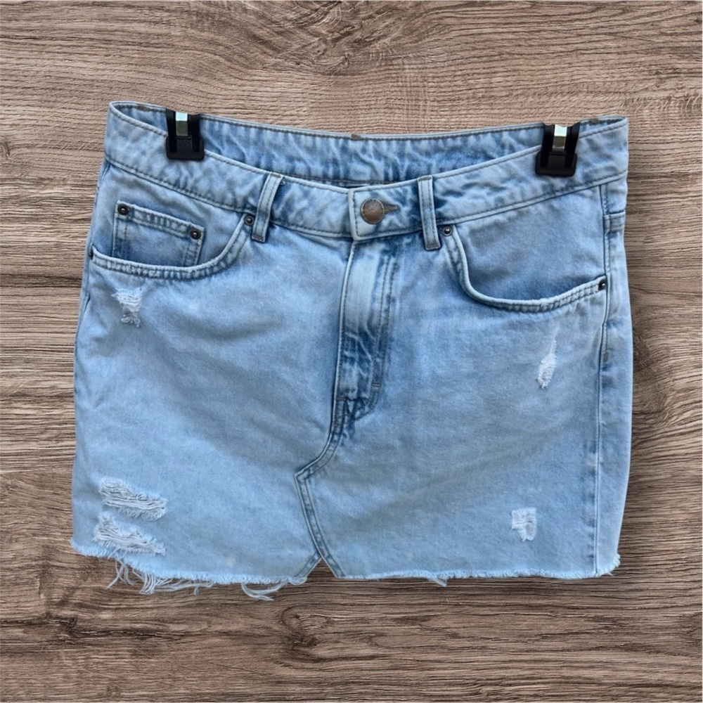 Light Washed Factory Distressed Denim Skirt